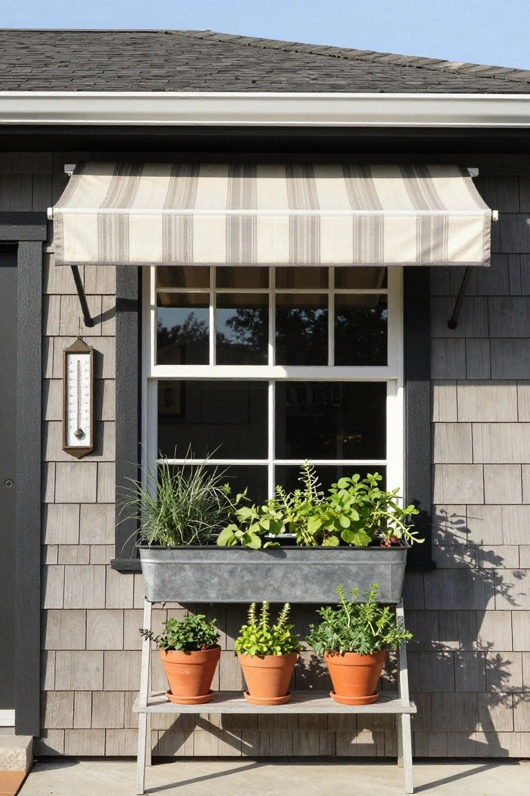 Gray shingled house exterior with black trim around a white six-pane window covered by a partially extended beige and gray striped fabric awning, a metal window box planter with green herbs on the sill, wall-mounted thermometer, and wooden plant stand holding three orange terra cotta pots below.