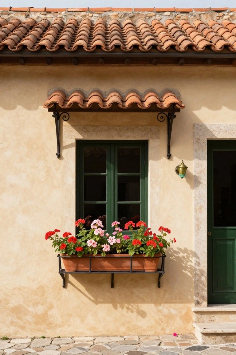 Beige stucco house wall with green shuttered window under curved terracotta tile overhang supporting a terracotta flower box of red and pink geraniums, beside a green door with brass lantern light on stone steps.