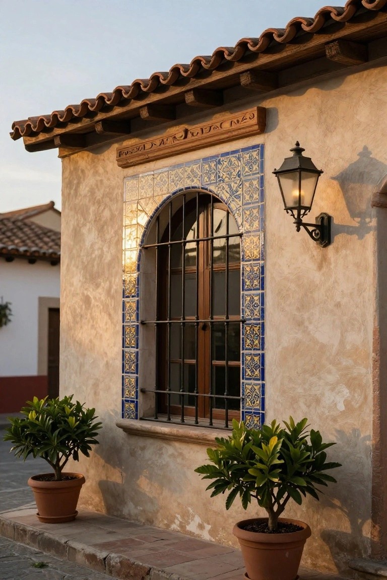 Beige stucco exterior wall featuring an arched window with blue and gold tile surround, wrought iron bars, wooden carved sign above, wall lantern, and two potted green shrubs on stone steps under terracotta roof tiles.