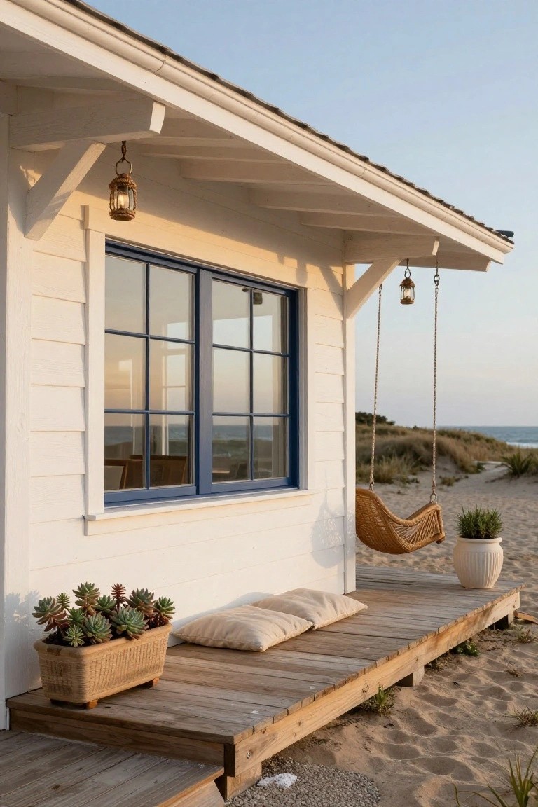 White clapboard side of a beach house with large blue-paned window under wide wooden eave supporting hanging lanterns, porch swing with cushions, potted plants on wooden deck next to sand and ocean.
