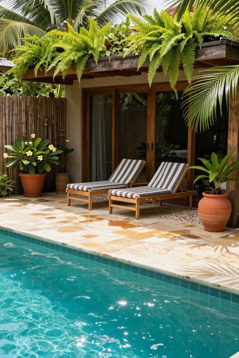 Wooden overhang covered in hanging ferns above sliding glass doors, with striped loungers on a poolside patio surrounded by potted plants and a bamboo fence.