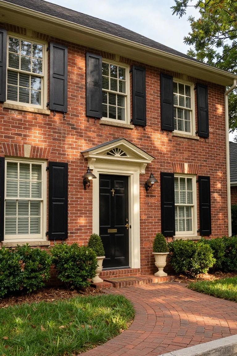 Red brick two-story house with black louvered shutters on white multi-pane windows, a centered black front door with lanterns and pediment, flanked by boxwood shrubs in urns, and a curved brick pathway.