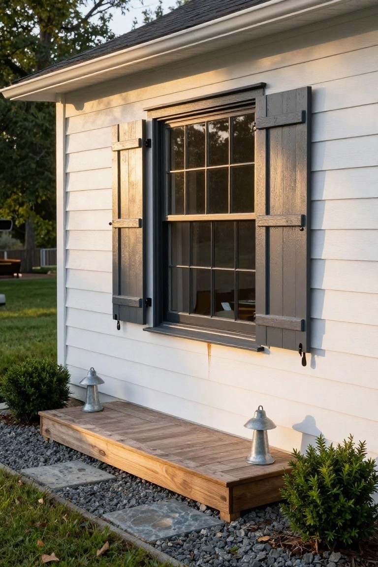 White clapboard house exterior with open dark board-and-batten shutters flanking a six-over-six double-hung window, wooden step base with metal lanterns, boxwood shrubs, gravel bed, and stone pavers.