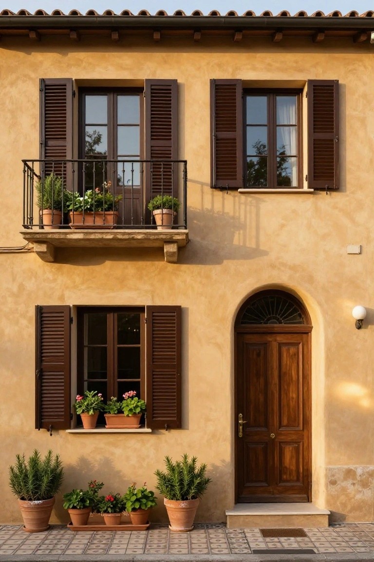 Ochre stucco two-story house with dark louvered wooden shutters on the windows, wrought-iron balcony with potted plants, arched wooden front door, and terracotta pots by the entrance on a tiled path.