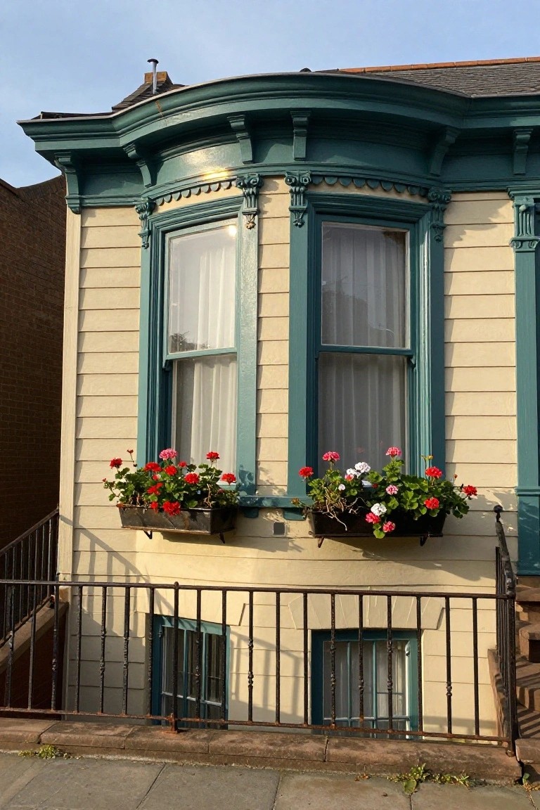 Corner view of a two-story Victorian house with beige clapboard siding, dark green bay window trim and frames with sheer curtains, red geraniums in two black metal flower boxes below the windows, green basement window, iron stoop railing, and slate sidewalk.