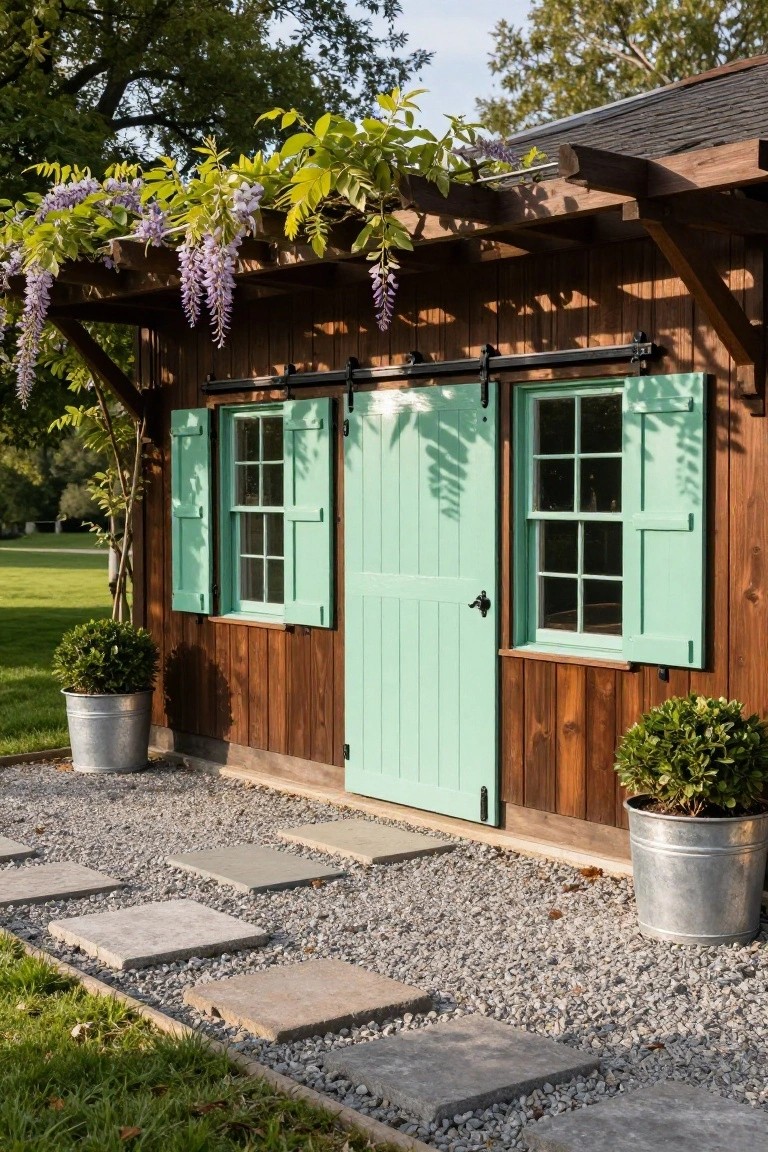 Wooden garden shed with mint green louvered shutters on windows, matching sliding barn door, wisteria vine on pergola overhead, potted plants in metal buckets, gravel ground with stone pavers leading to grass yard.