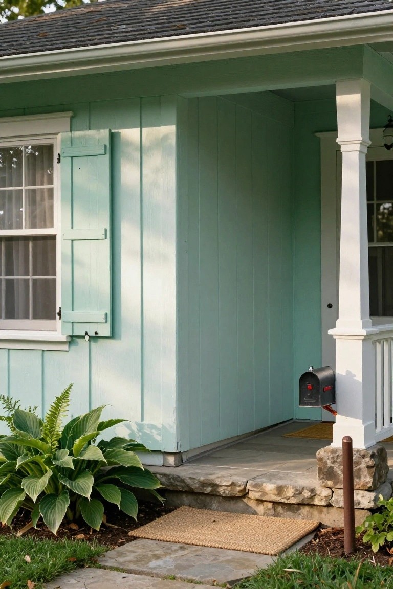 Light green vertical board-and-batten siding on a house exterior with matching green louvered shutters beside a window, white porch column and door, black mailbox, and hosta plants near stone steps and woven mat.