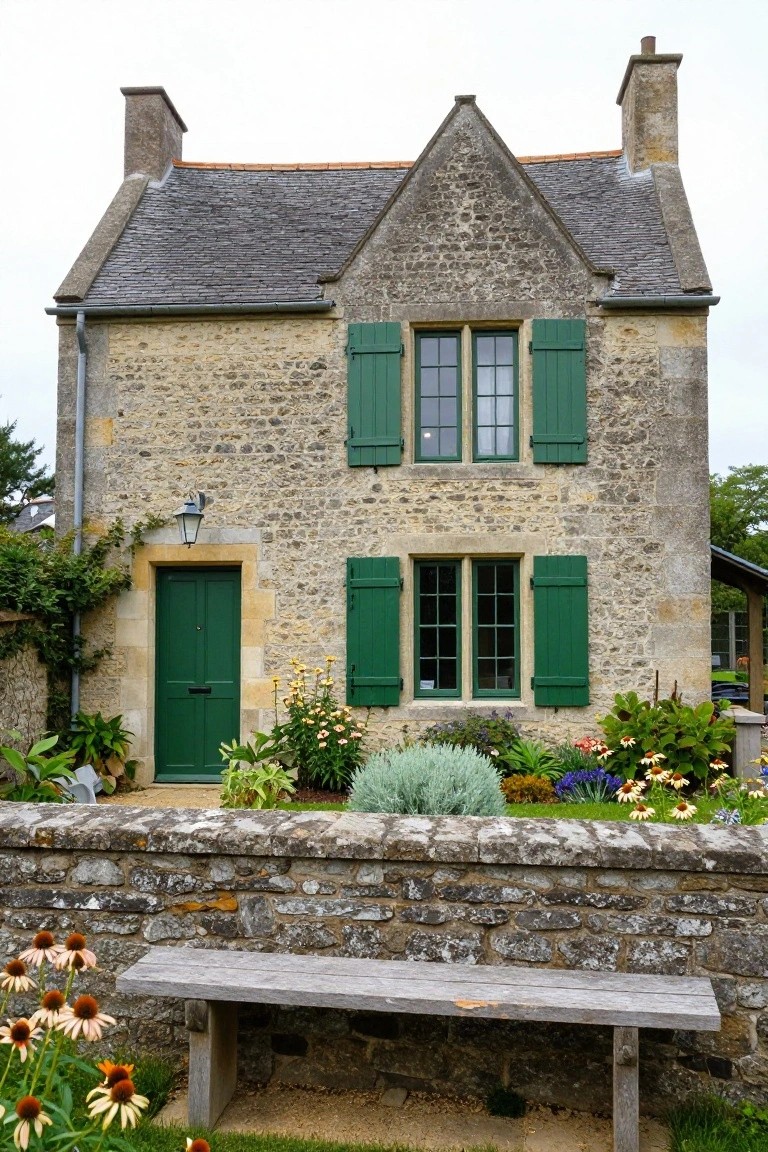 Stone cottage with beige stone walls, green wooden shutters on multi-pane windows, green front door, flower garden, stone wall, and wooden bench in foreground.