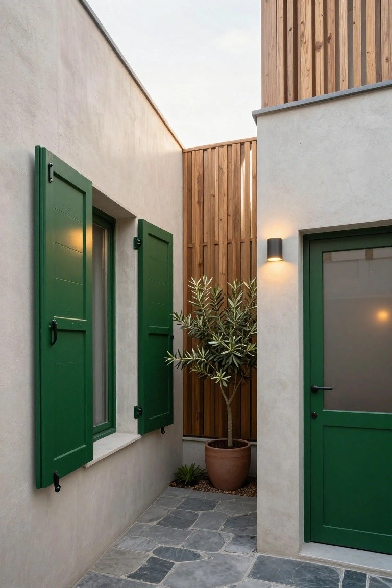 Corner of a house exterior with open green wooden shutters on a window, green door, beige stucco walls, wooden slat fence, potted olive tree, and irregular slate stone pathway.