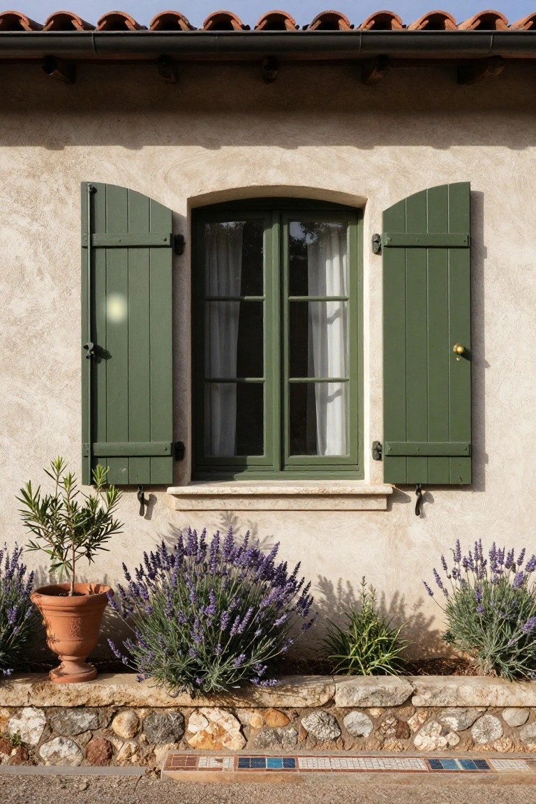 Beige stucco exterior wall with open dark green wooden shutters framing a double green window with white curtains, potted olive tree and lavender plants in front, stone retaining wall base, and colorful tile path below.