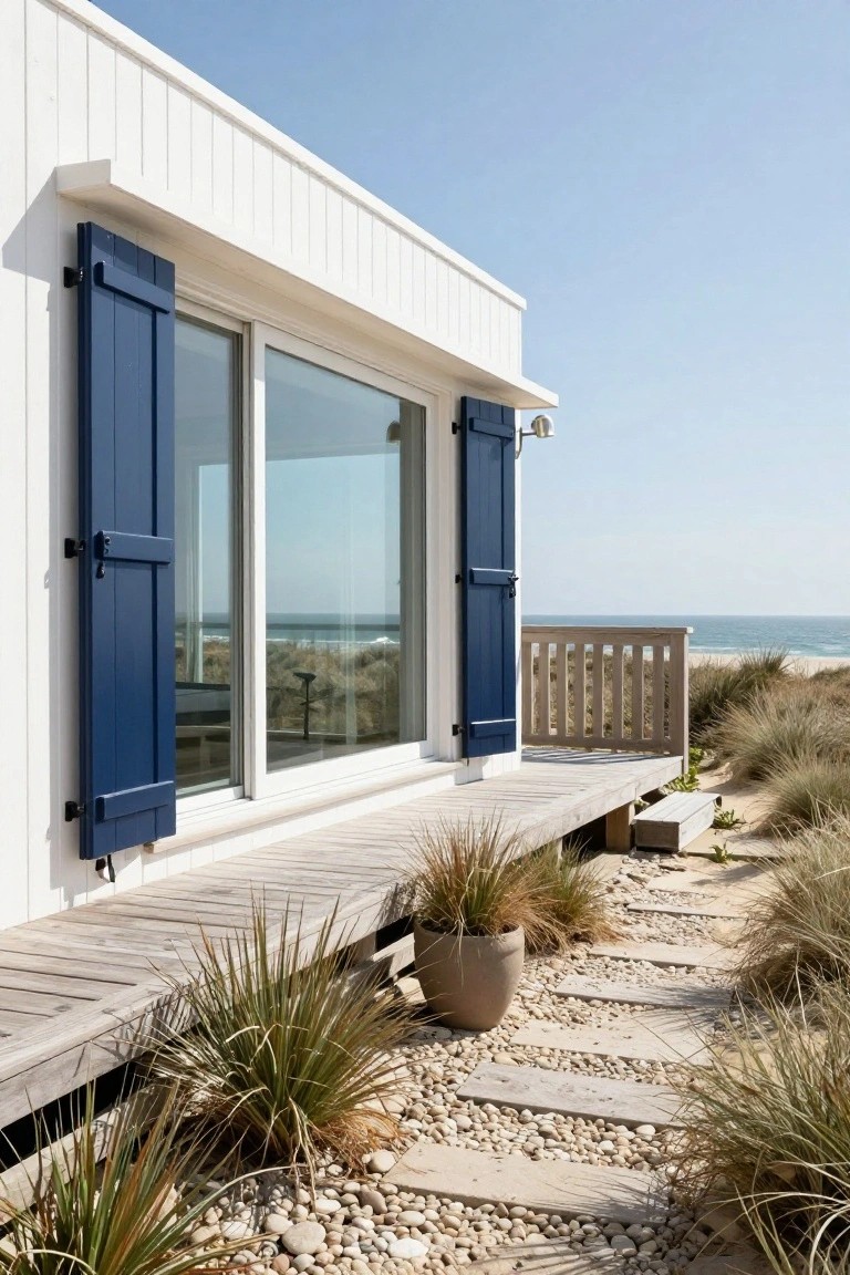 White clapboard beach house exterior with navy blue shutters on sliding glass doors, wooden deck platform, gravel path edged with dune grasses, and ocean view beyond.