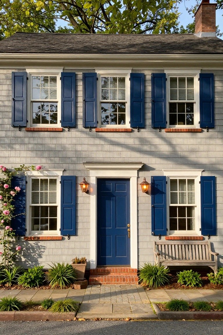 Navy Blue Shutters on Shingle Siding
