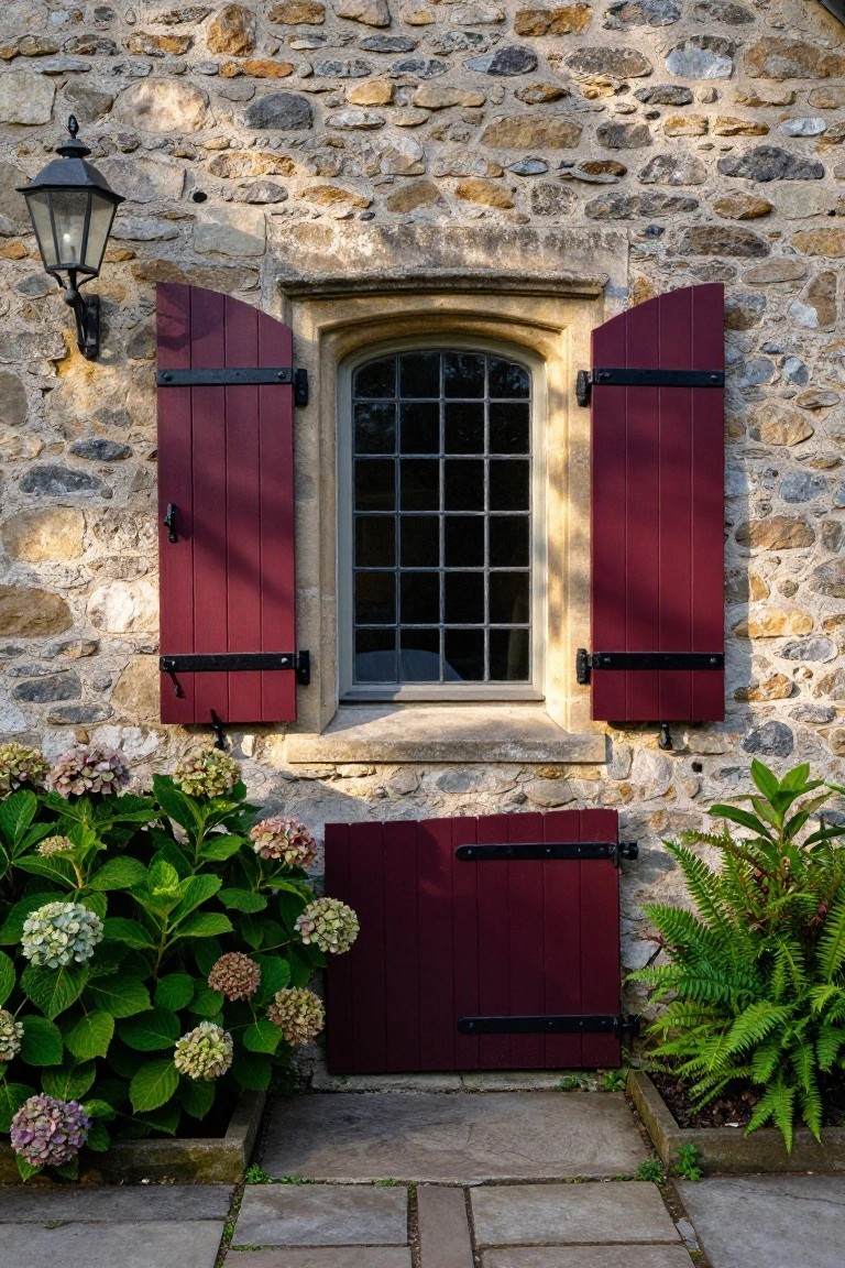 Stone wall exterior with arched leaded window, open red wooden shutters, black wall lantern, hydrangea bushes and ferns in front, small red gate below, and stone pavers.