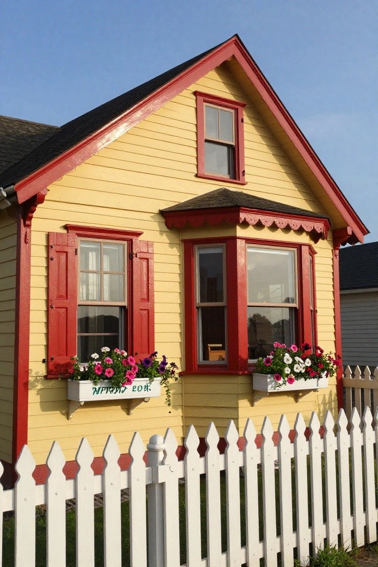 A yellow clapboard house with red shutters on the windows, white flower boxes filled with pink and purple flowers, a bay window, black roof, and white picket fence in front under a blue sky.