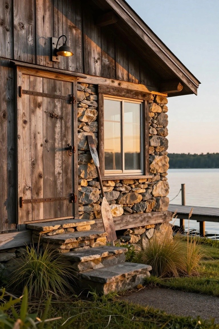 Corner view of a rustic wooden cabin with fieldstone foundation, double plank door, single window, wall-mounted lantern, leaning paddle, stone steps, ornamental grass, path, dock, and lake in background at dusk.