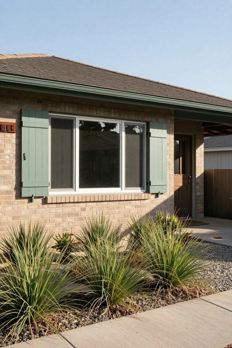 Beige brick house exterior featuring teal board-and-batten shutters flanking a large white-framed window next to a wooden front door, with green yucca plants and gravel in the front bed.