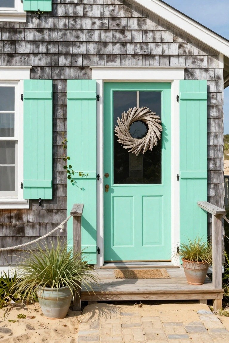 Beach house facade with gray shingle siding, turquoise shutters and double door, driftwood wreath on the door, potted grasses on wooden porch steps, rope railing, and sandy brick path.