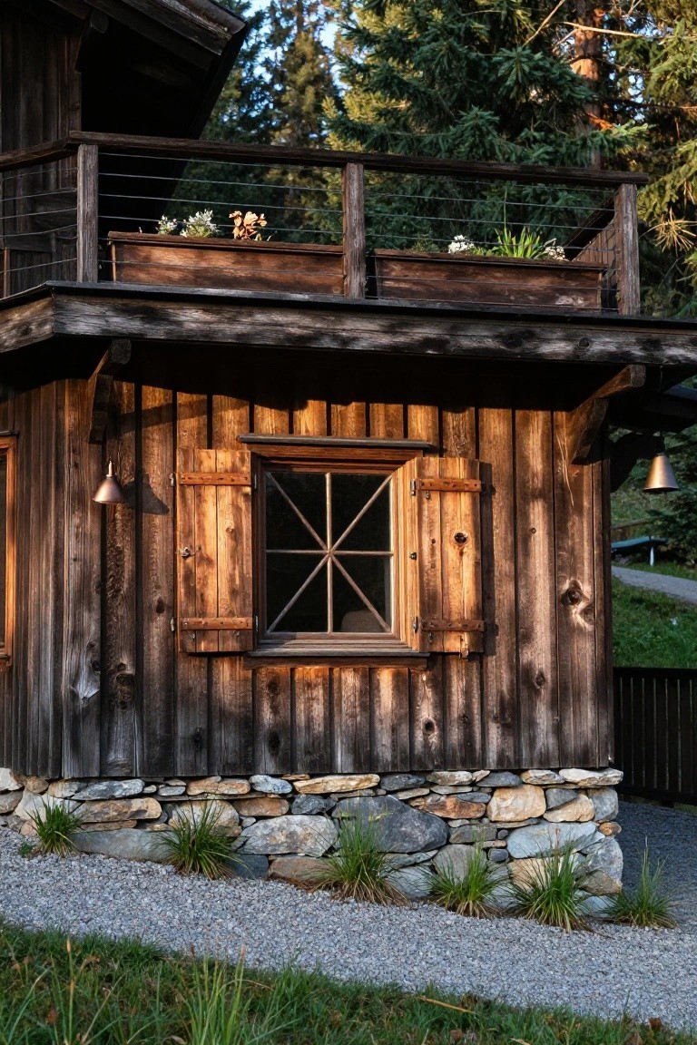 Rustic wooden chalet exterior with half-open board shutters on a cross-pane window, wall-mounted lantern, balcony with planter above, stone foundation, gravel path, grass, and evergreen trees in background.