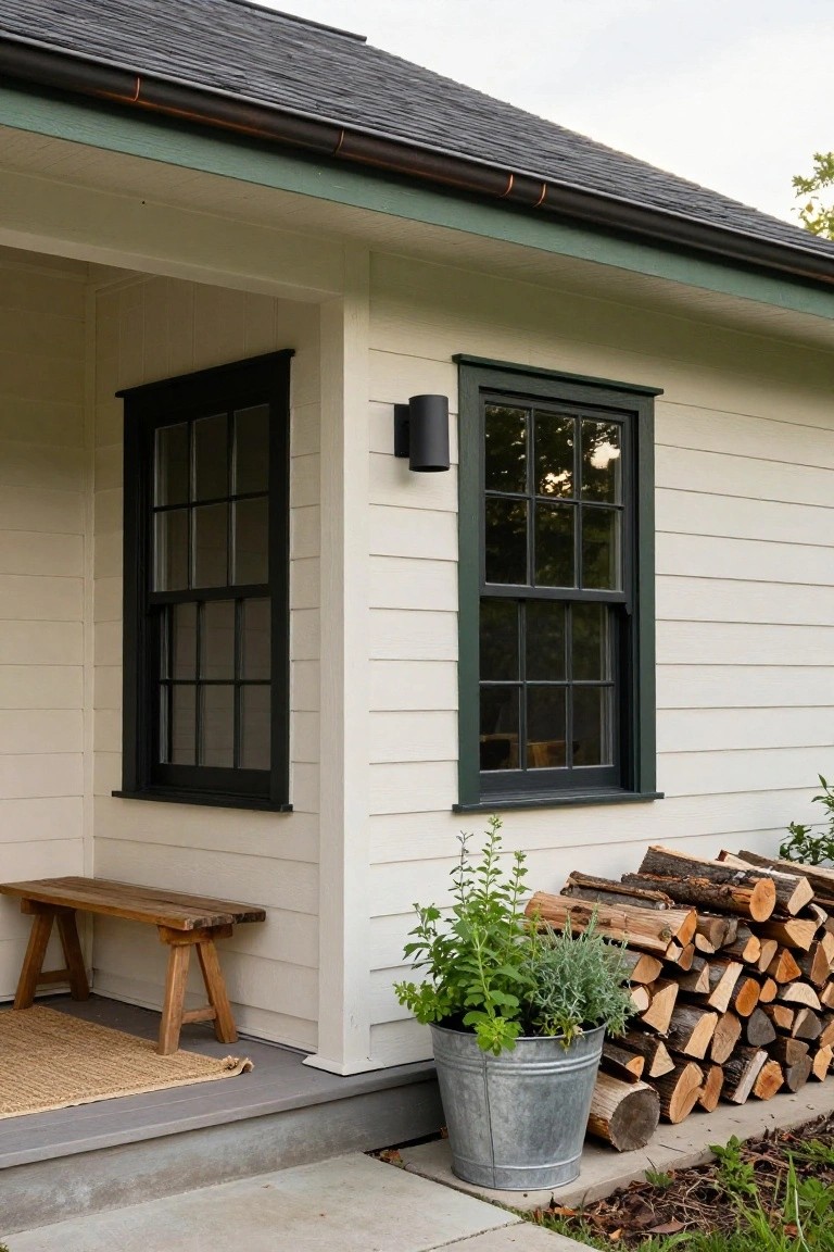 White shiplap-sided house exterior featuring a black-framed six-over-six window with green trim above, wooden bench on concrete porch steps, seagrass rug, metal bucket with herbs, and stacked firewood nearby.