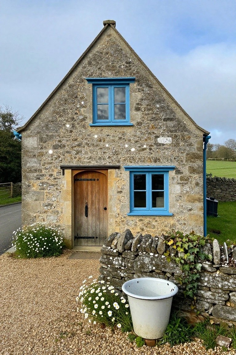 A small stone cottage with a steep gabled roof, blue-painted window frames, arched wooden front door, gravel driveway, white flowers, metal tub planter, and dry stone walls in a rural landscape.