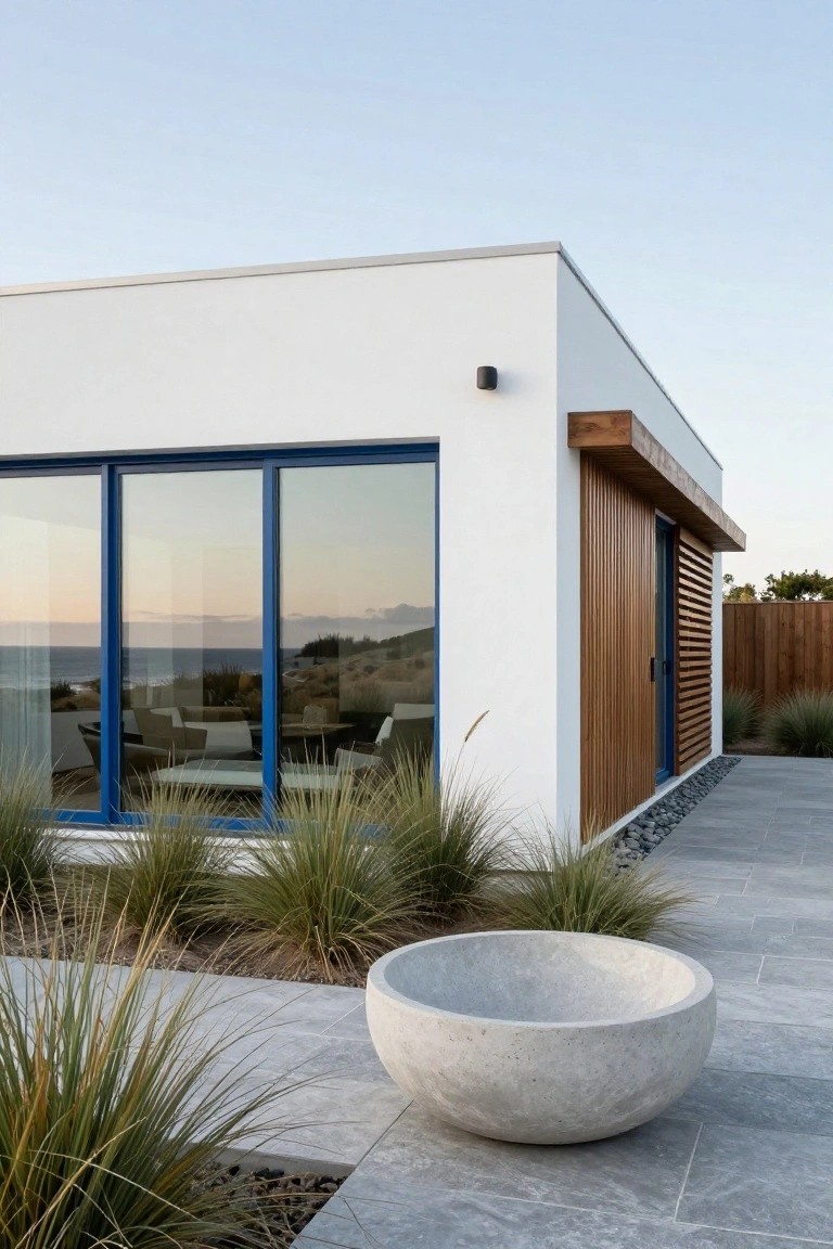 Corner view of a modern white stucco house with large blue-framed windows reflecting ocean and sunset, wooden slatted wall and door, gray tiled patio edged with grasses and a large stone bowl planter.
