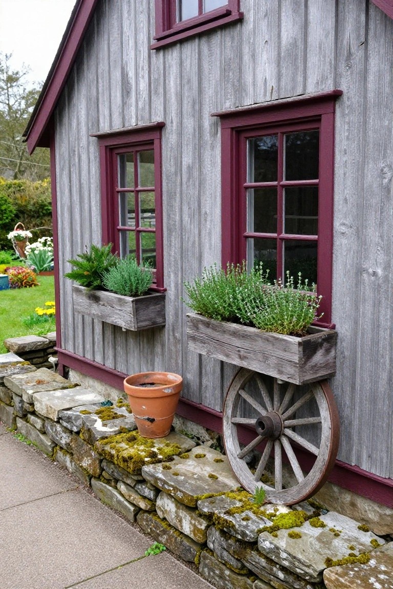 Gray shiplap wood siding on a house exterior with deep red window trim and frames, wooden window boxes planted with greenery and herbs, a terracotta pot, wagon wheel, and mossy stone wall base.