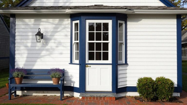 White clapboard house exterior with navy blue trim around a multi-pane window, a black lantern mounted beside it, wooden bench, and two terracotta pots of lavender on a brick path.