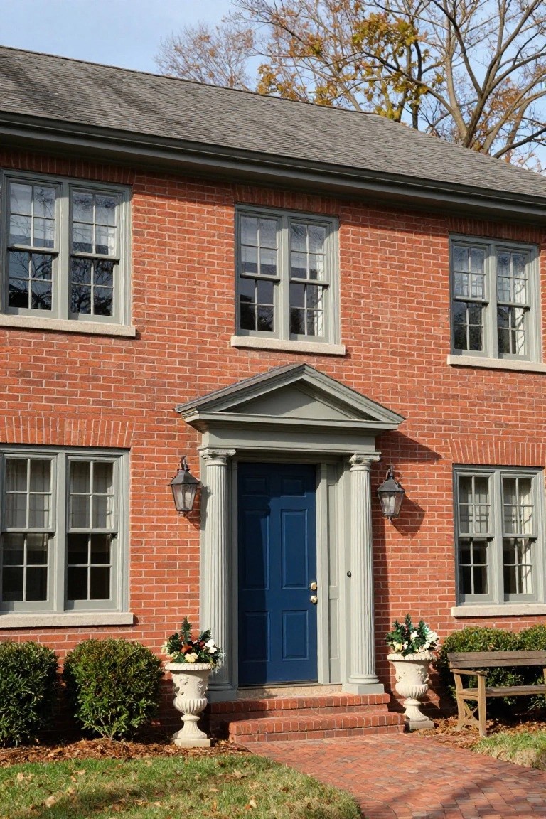 Red brick two-story house with gray-painted window trim, blue front door in a columned portico flanked by lanterns, white urn planters with greenery, and a brick walkway.