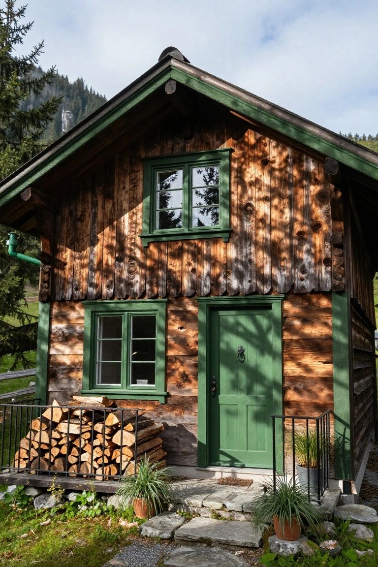 Wooden chalet house with green-painted window frames and door, stack of firewood by entrance, potted plants, stone path, and mountain backdrop.