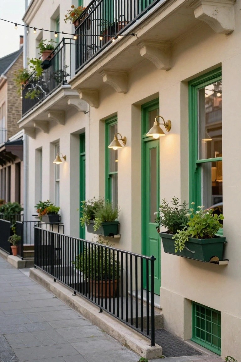 Cream-colored townhouse facade with green-painted window frames, front door, planters, and basement window, black iron railings, and wall-mounted lanterns along a paved sidewalk.