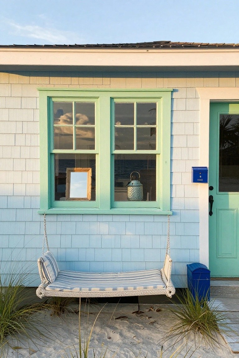 Pale blue shingle-sided beach house exterior with mint green framed double windows, green door, blue mailbox, hanging rope swing, and sea grass in sandy foreground.