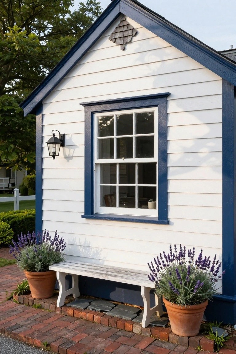 White clapboard house exterior with navy blue trim around a multi-pane window, a black lantern mounted beside it, wooden bench, and two terracotta pots of lavender on a brick path.