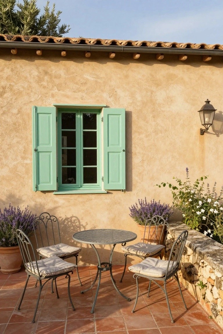 Beige stucco exterior wall with open pale green shutters framing a double window, next to a small wrought-iron bistro table and four chairs on terracotta tile patio with potted lavender plants and a stone wall.