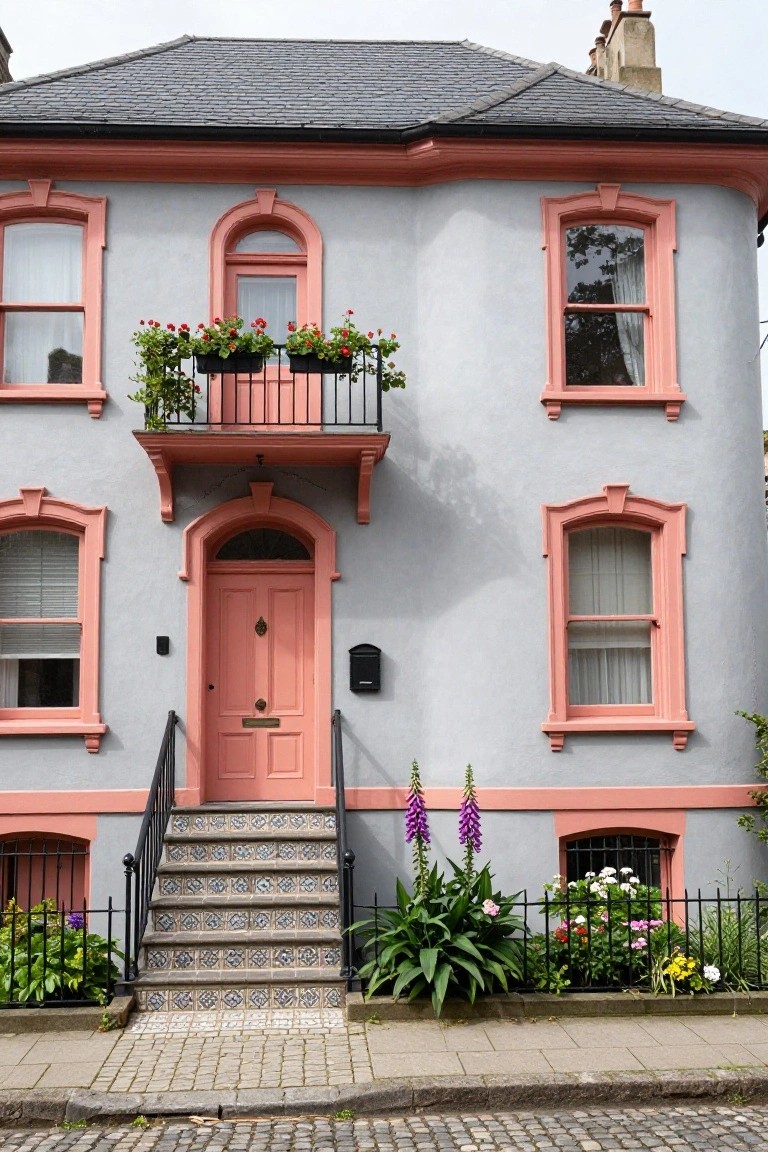 Three-story house with light gray siding, pink trim around multiple windows and arched pink front door, small balcony with flower boxes, tiled steps, iron railing, and front garden plants on a cobblestone street.