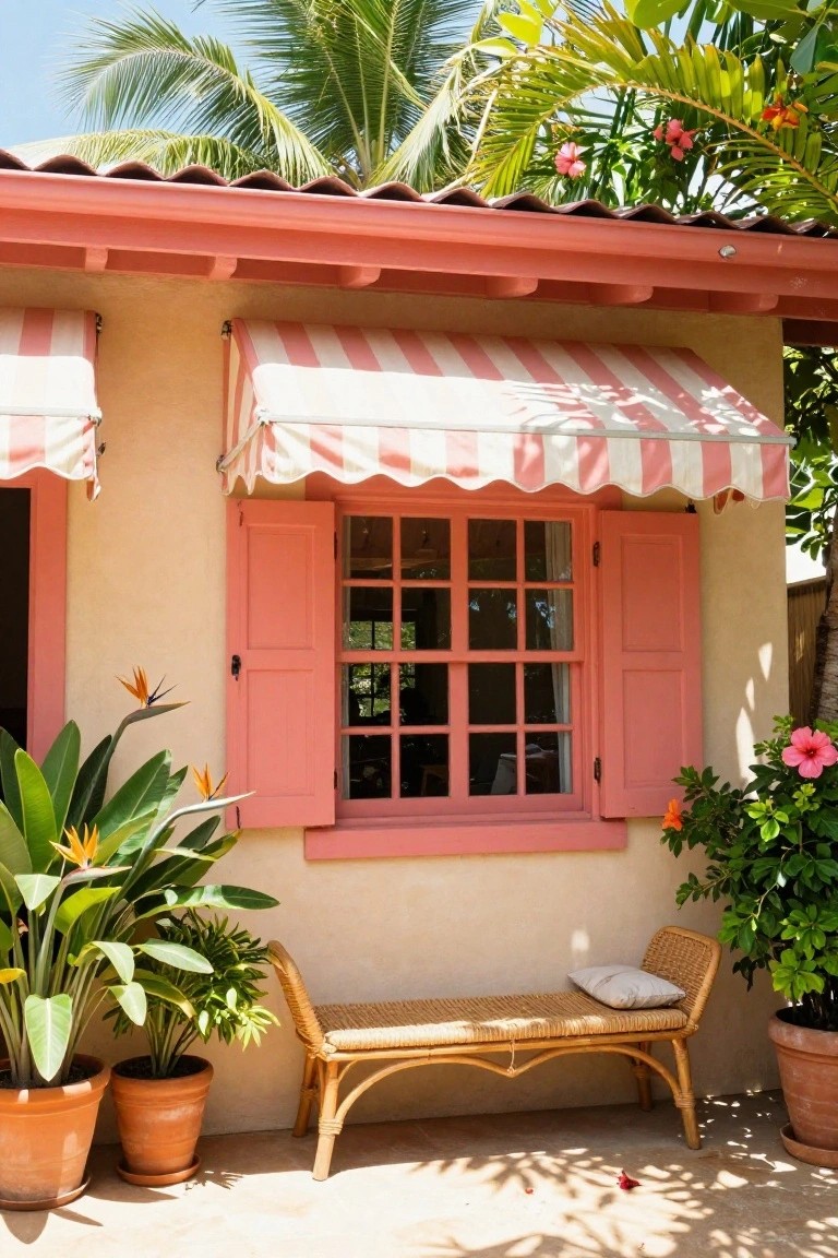 Beige stucco house wall with open pink shutters framing a multi-pane window, pink and white striped awning overhead, tropical plants in terracotta pots, and a rattan bench nearby.