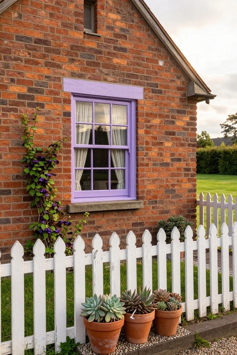 Red brick house wall with purple-painted window frame and matching curtains, purple climbing vine, white picket fence, and three terracotta pots of succulents along the base.