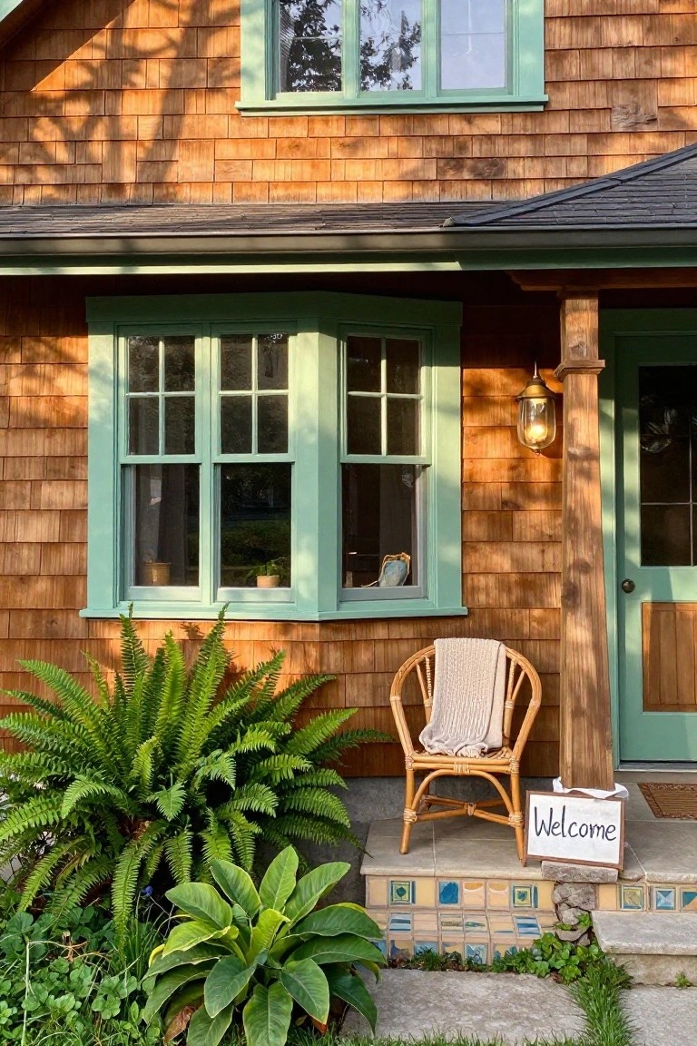 Cedar shingle house exterior with sage green painted window trim and frames, front porch with wicker chair and blanket, green door, ferns, and welcome sign on tiled steps.