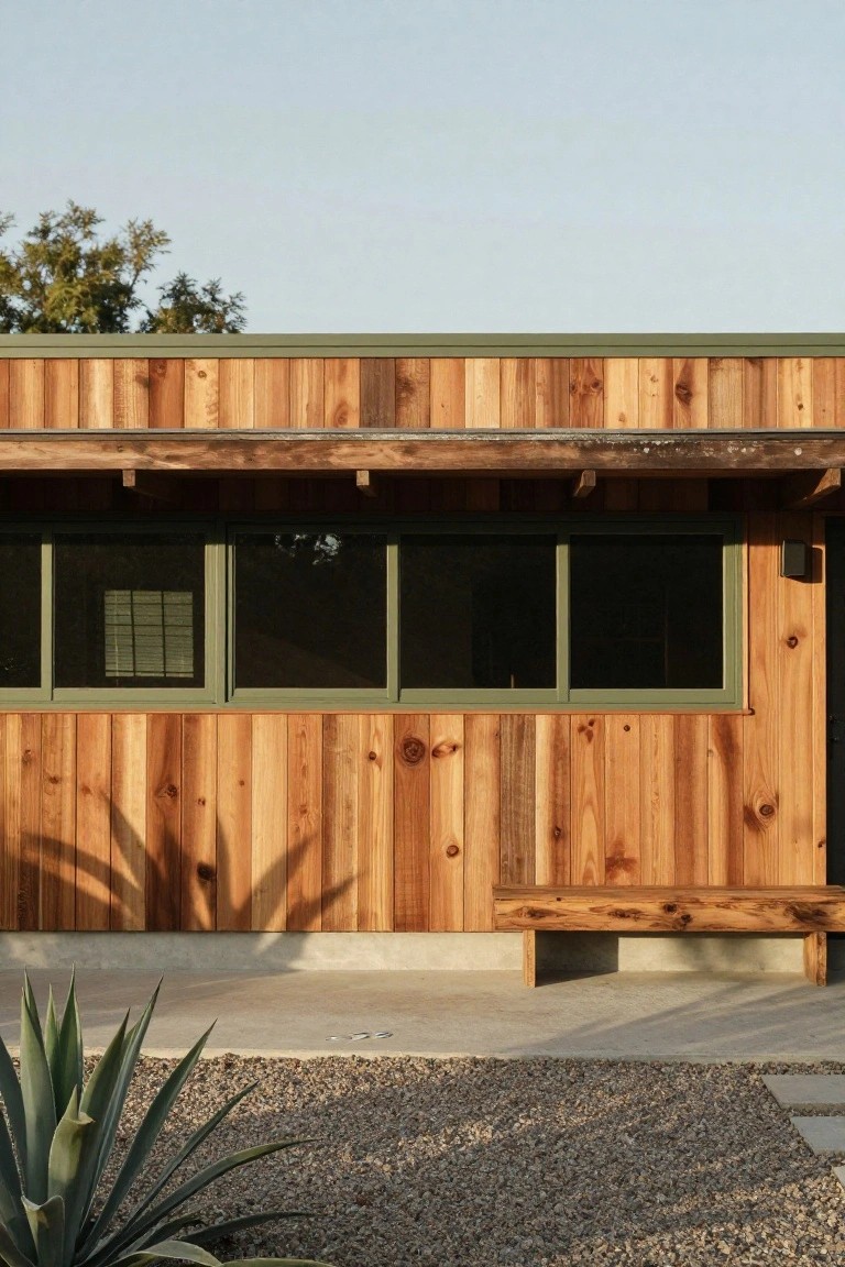 Side view of a horizontal wood-clad house with large sliding windows in green frames, wooden bench, agave plants, and gravel ground cover under a clear sky.