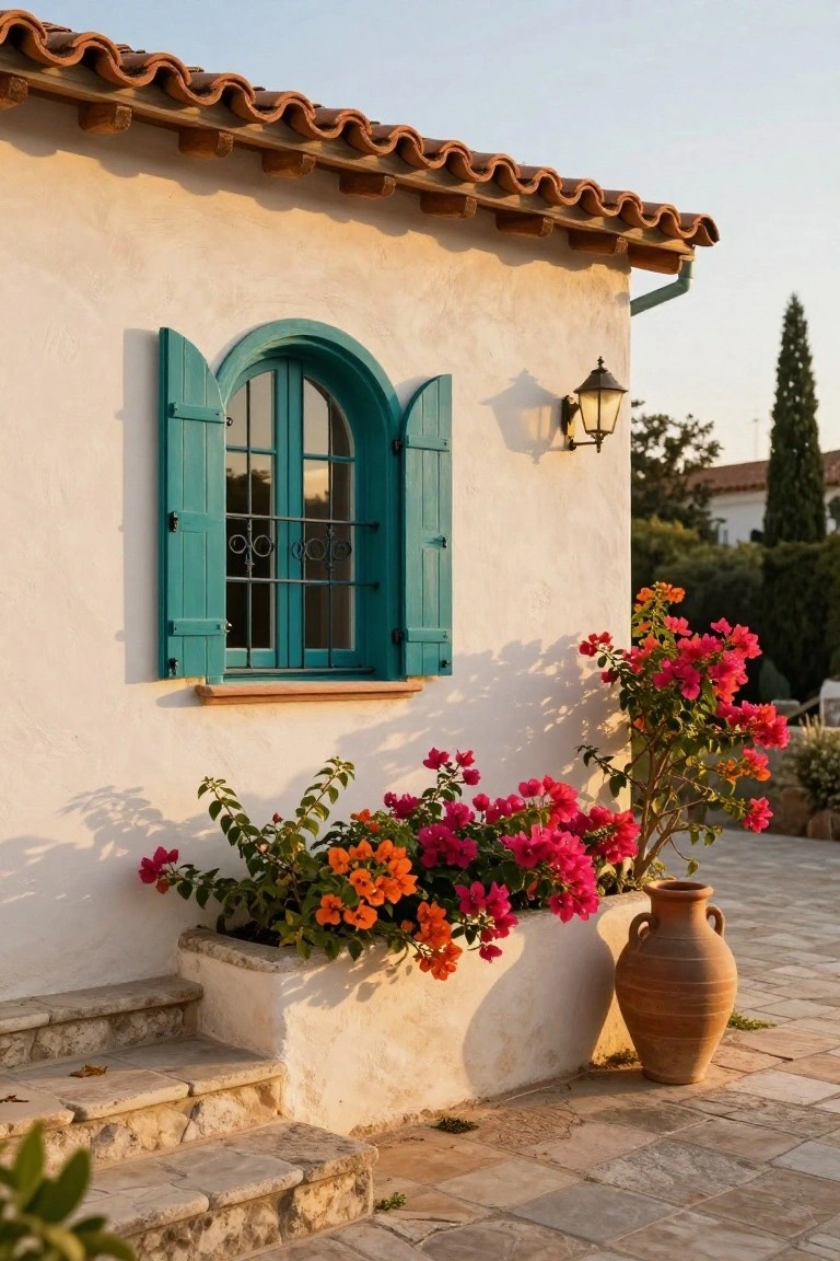 White stucco house wall with arched turquoise window, matching shutters, vibrant bougainvillea in a planter box, large terracotta pot, lantern light, and stone steps on a patio.