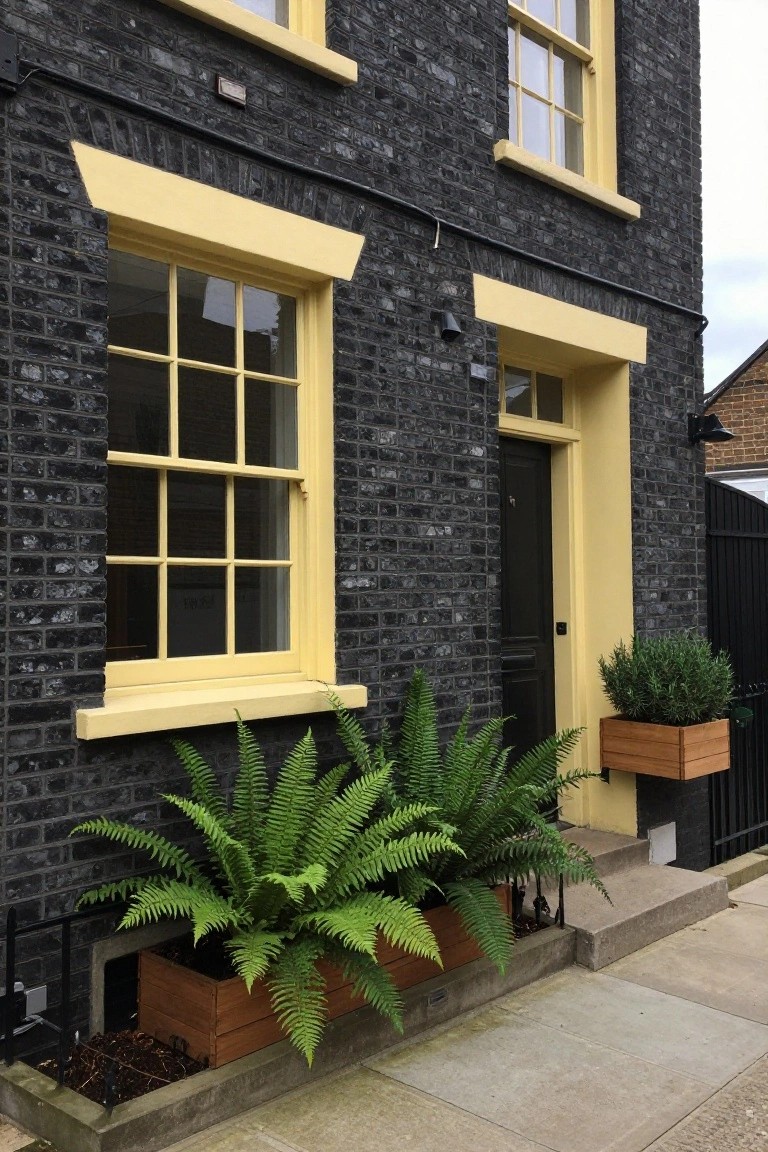 Black brick two-story terraced house with yellow-painted window frames, door surround, and sills, plus wooden planters of ferns and shrubs at the entrance steps.