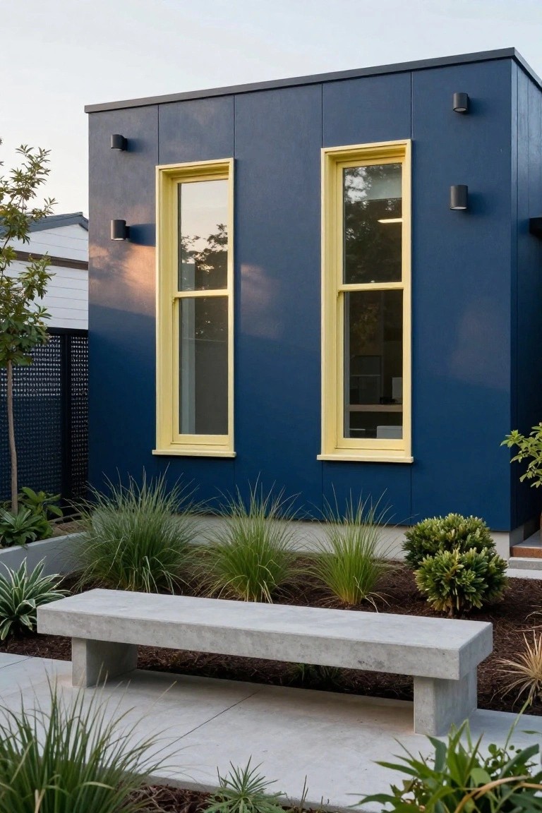 Navy blue rectangular building with two yellow-framed double-hung windows, black exterior lights, surrounded by low plants, grasses, and a concrete bench on a paved path.