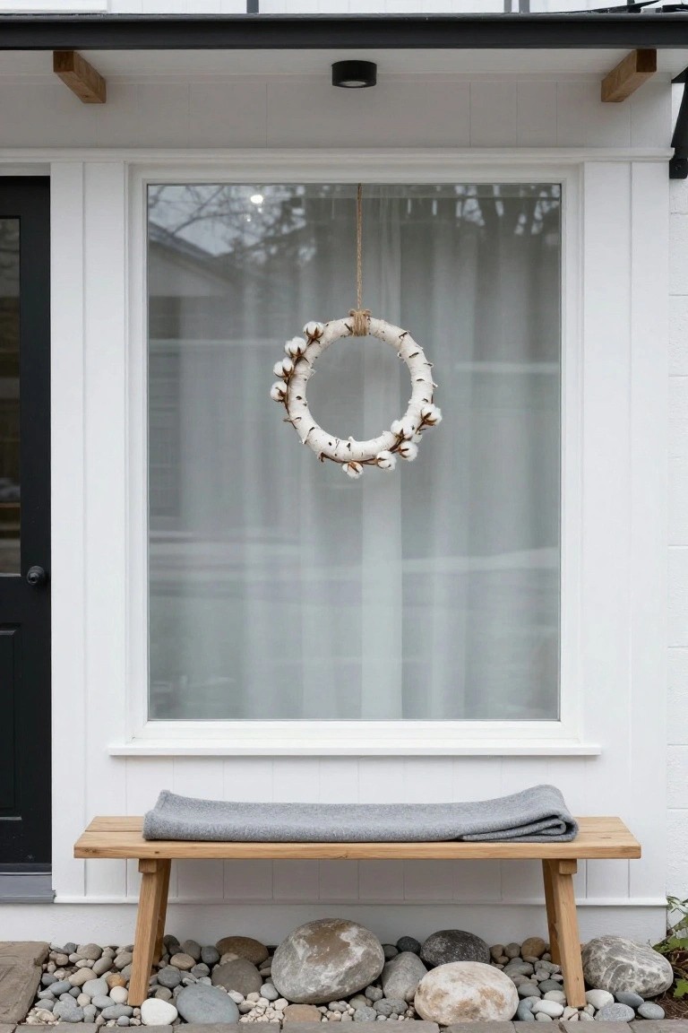 White house exterior featuring black front door and large window with white cotton boll wreath hanging from rope, wooden bench with gray blanket below, and surrounding pebble ground with rocks.