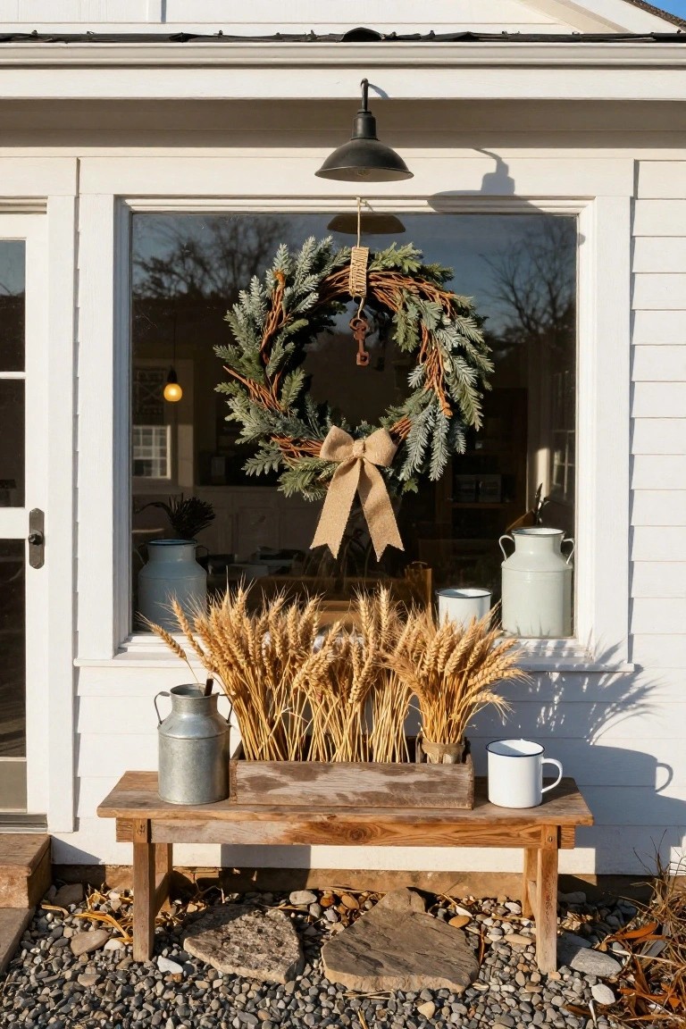 White clapboard house exterior featuring a large evergreen wreath with burlap bow hanging in a window, wheat stalks in milk cans on a wooden bench below, and galvanized pails on the sill.