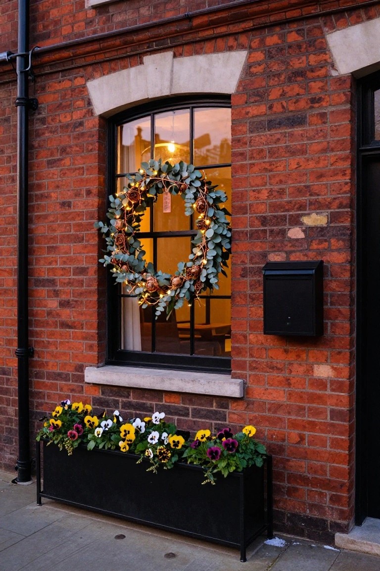 Brick house exterior with a circular eucalyptus wreath adorned with string lights and pinecones hanging on a tall black-framed window, colorful pansies in a black planter box below, black mailbox mounted on the wall, and a red brick facade.