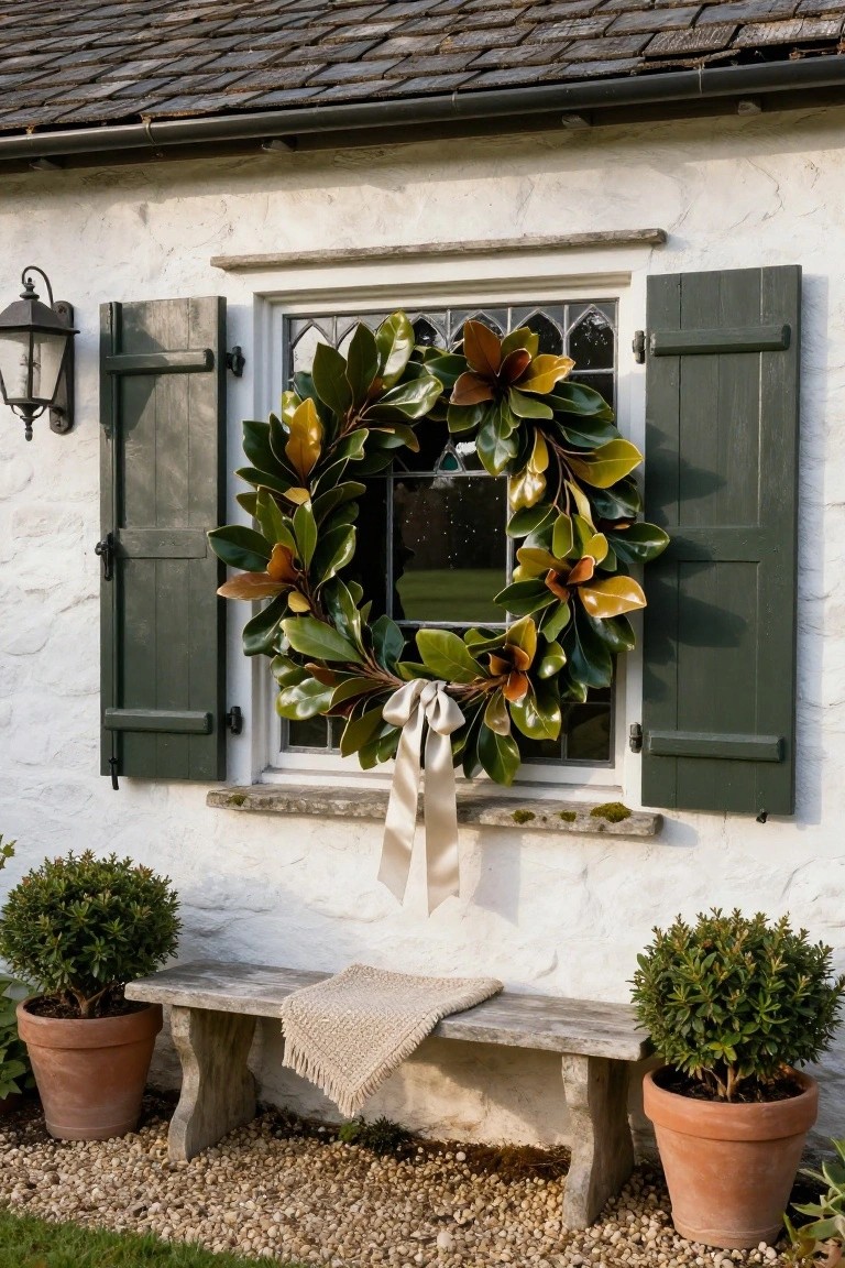 Magnolia Wreath on Shuttered Windows