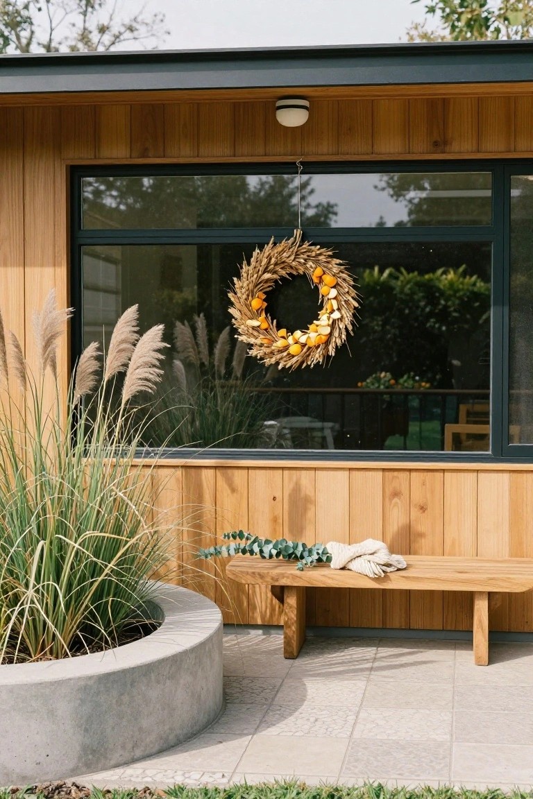 Wooden house exterior featuring a large black-framed window with a hanging wreath of wheat stalks and dried oranges, pampas grass in a round concrete planter nearby, and a wooden bench on a tiled patio.