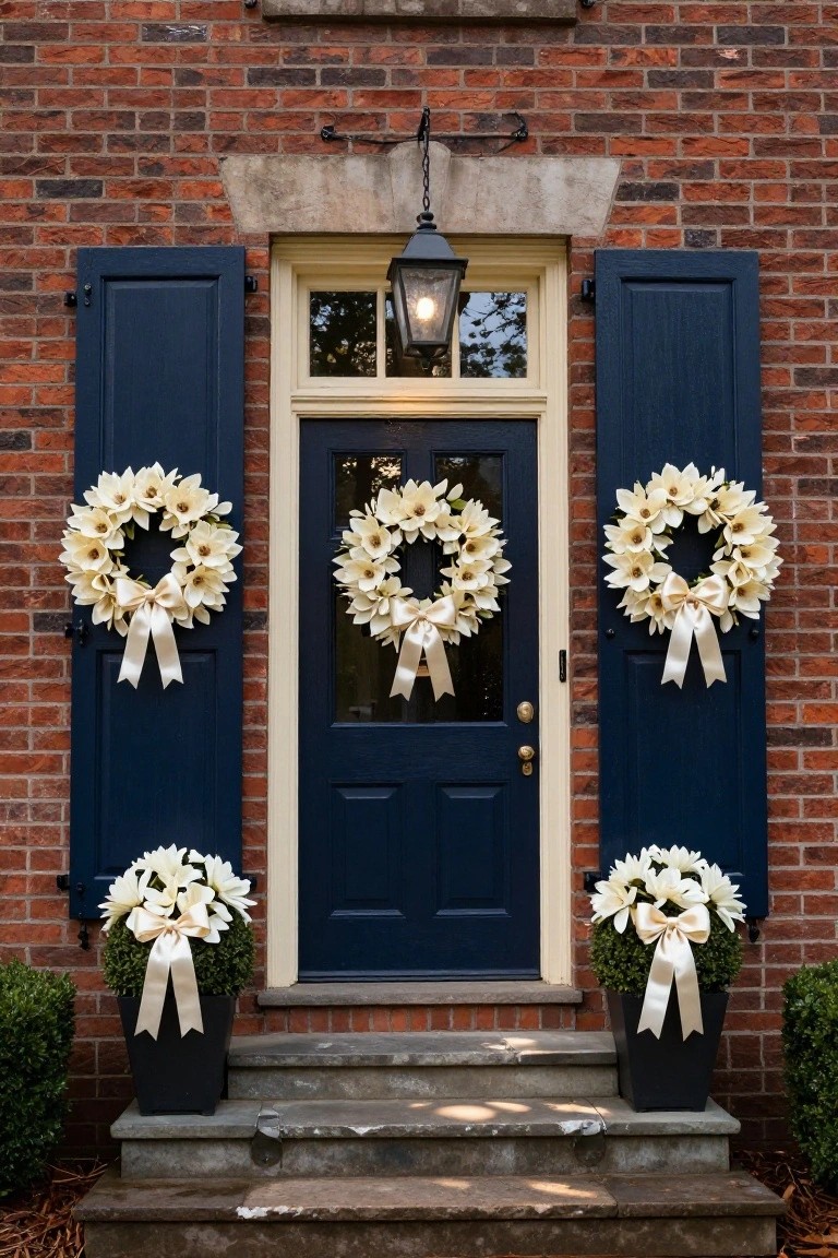 Brick house facade with navy blue door and matching shutters, each adorned with white magnolia wreaths tied with satin ribbons, flanked by black planters holding white flower topiaries on stone steps.