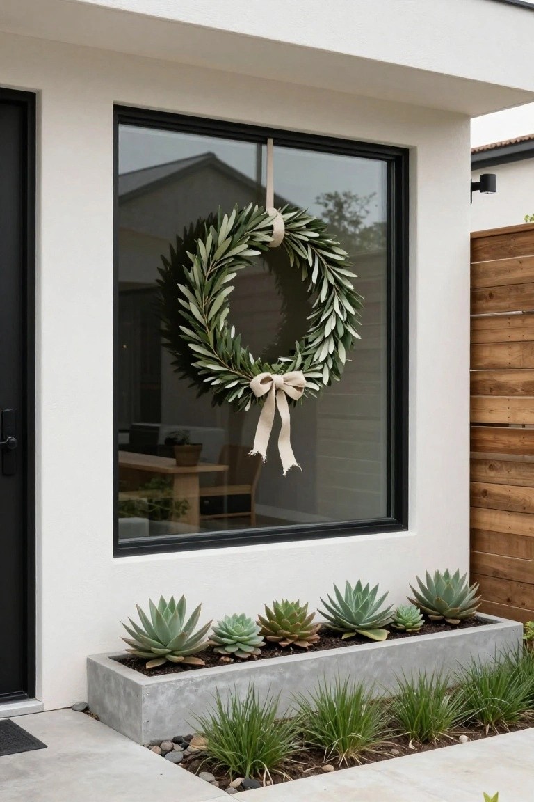 White stucco house exterior with black front door and window, olive leaf wreath with cream ribbon on the window, and concrete planter box containing agave plants and grasses below.