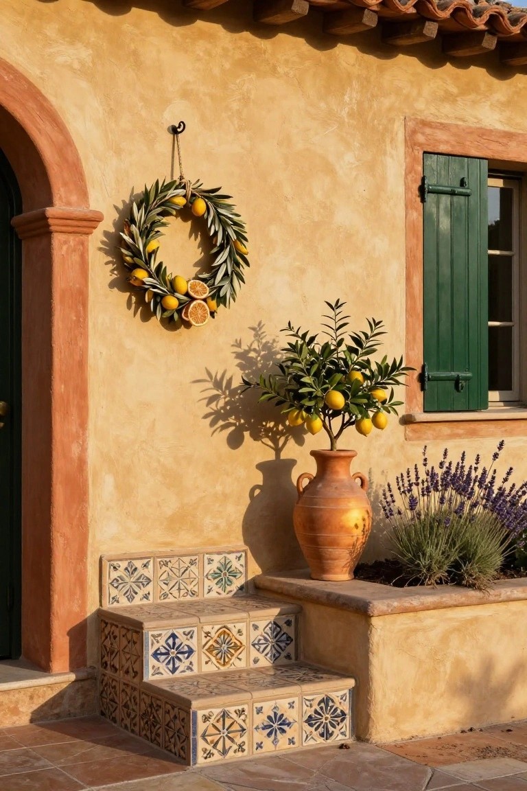 Beige stucco house exterior featuring an arched green door with olive branch and lemon wreath hanging beside it, green shuttered window, terracotta pot with small olive tree, lavender plants in a bed, and colorful tiled steps leading up to the entrance.