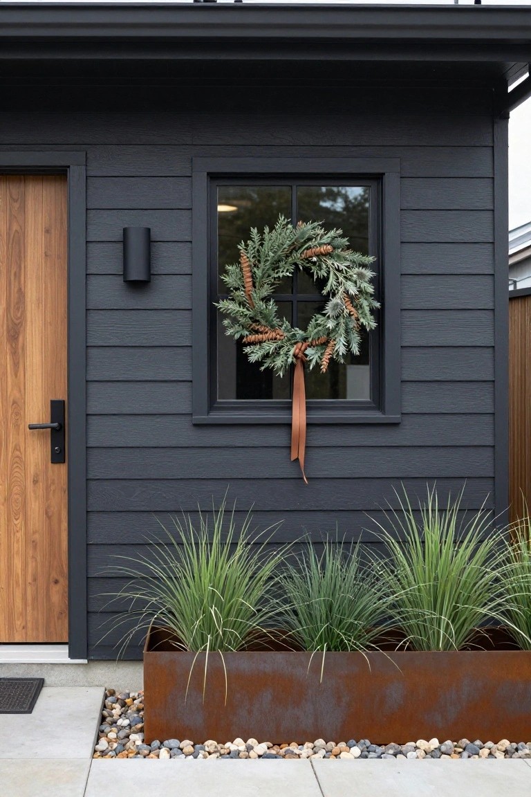 Black shingle exterior wall featuring a wooden door, black-framed window with green cedar wreath accented by pinecones, thistle, and rust ribbon, cylindrical wall light, and grasses in corten steel planter box beside gravel path.
